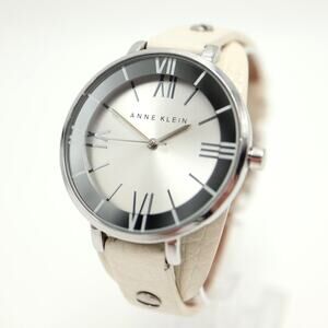 Anne Klein Silver Tone Round 36mm Womens Watch White Leather w New Battery